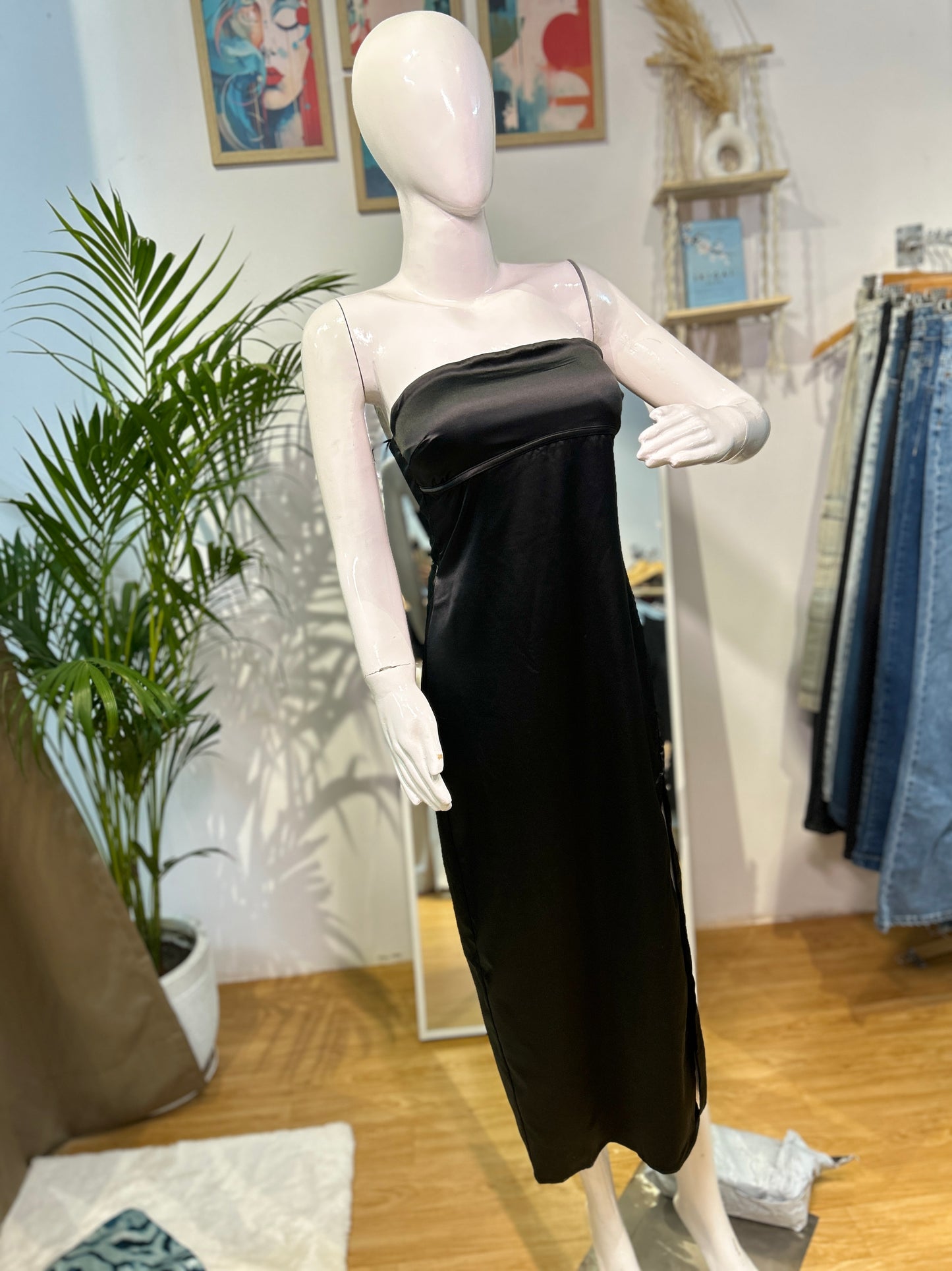 Midnight Black Off-Shoulder Satin Dress