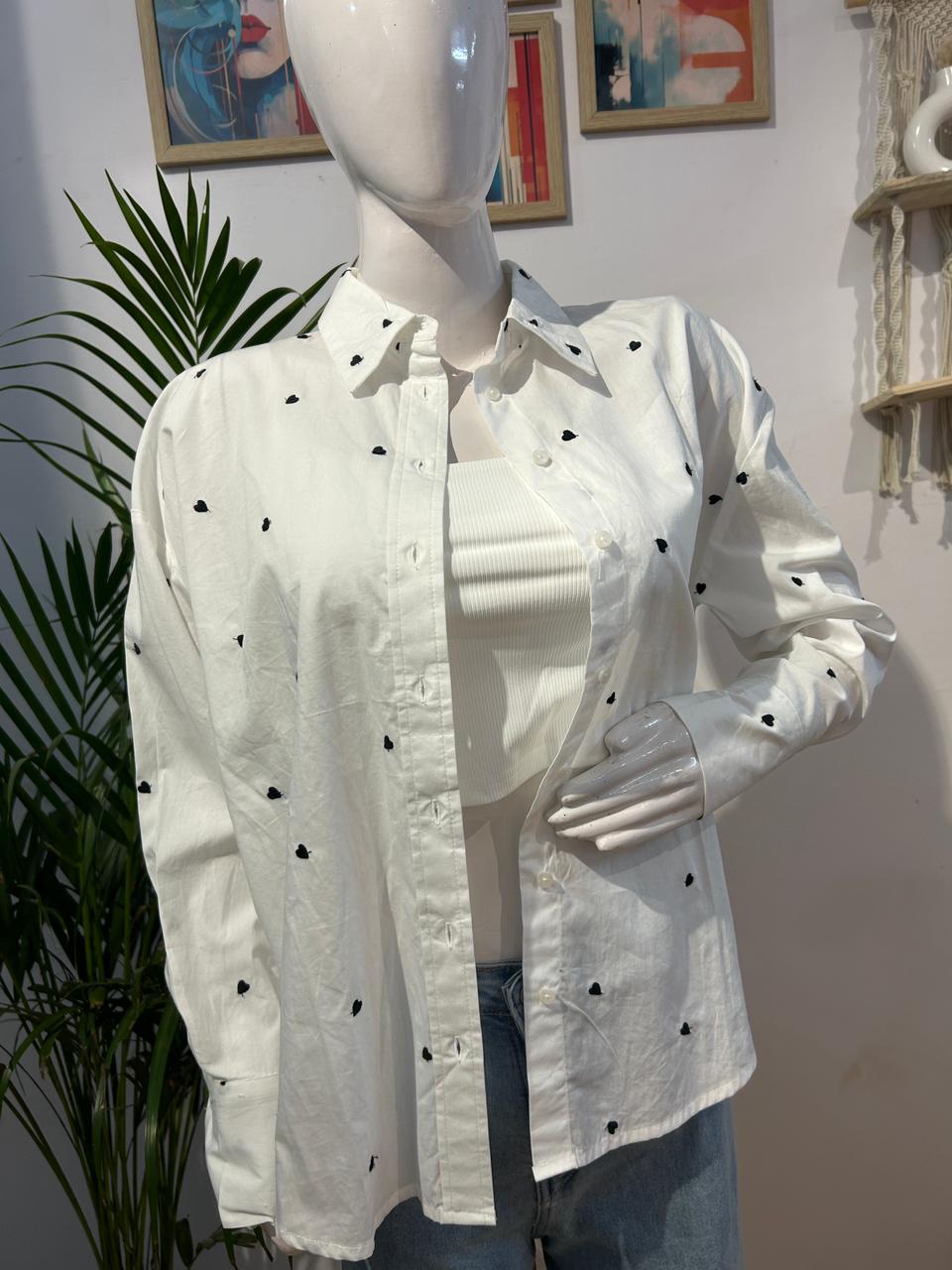 Black Heart Printed Button Down Collar Casual White Shirt