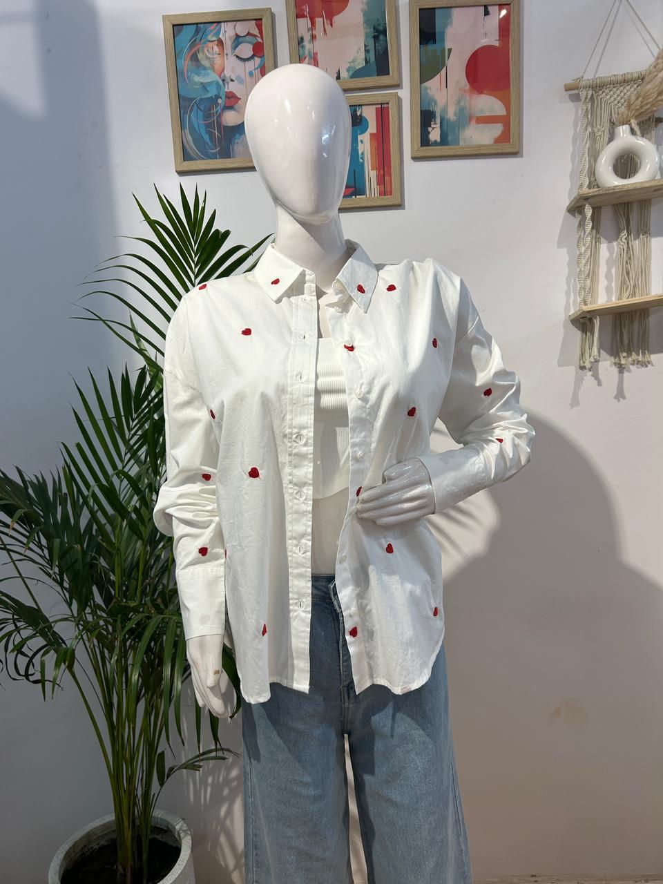 Red Heart Printed Button Down Collar Casual White Shirt