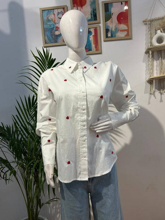 Red Heart  Printed Button Down Collar Casual White Shirt