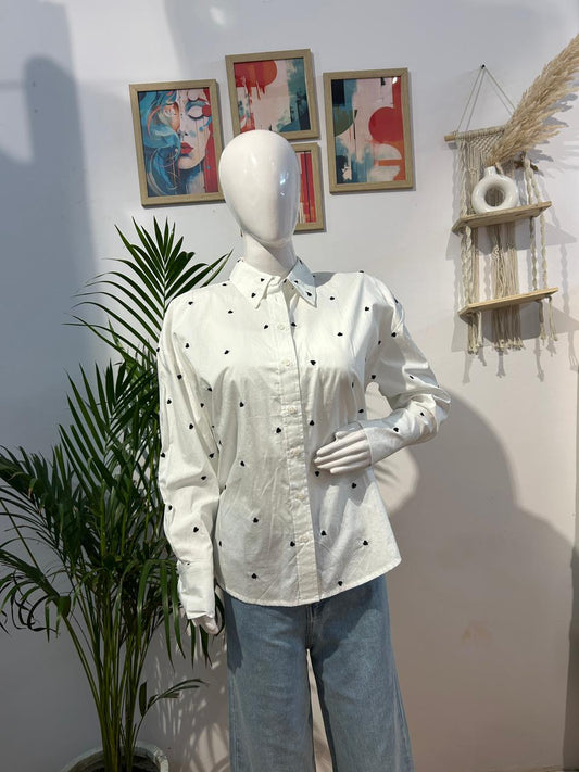 Black Heart Printed Button Down Collar Casual White Shirt
