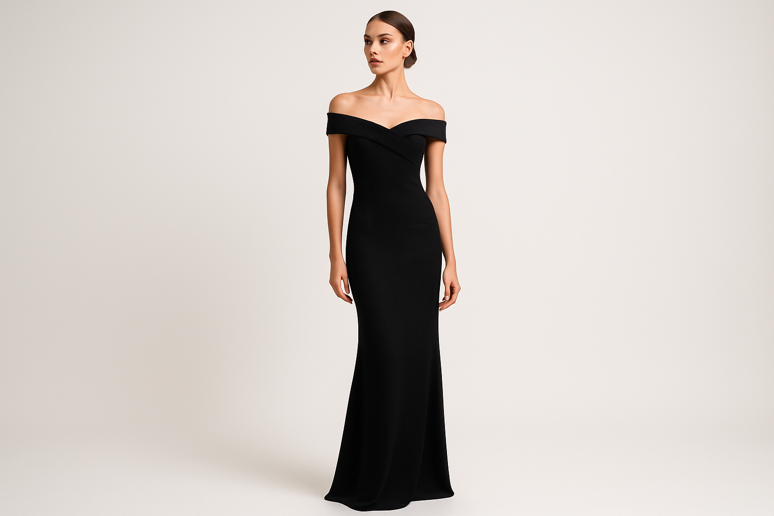 dress lon dress black off shoulder like a model and white background