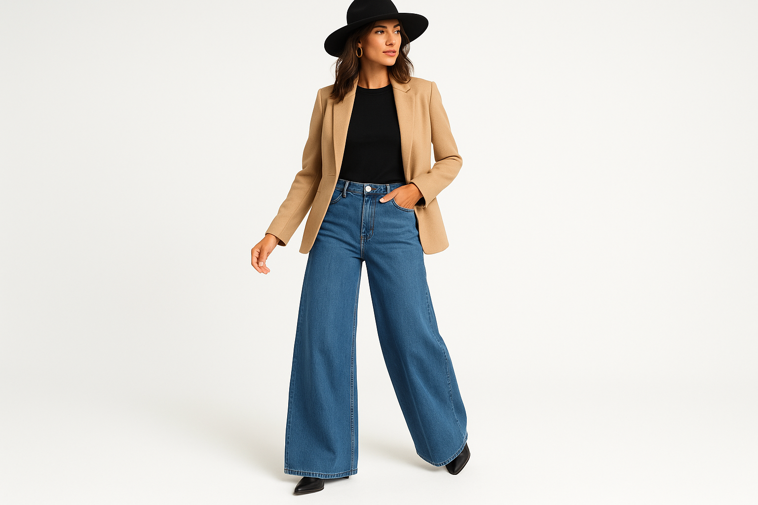 wide leg denim wear a  womans nd white background